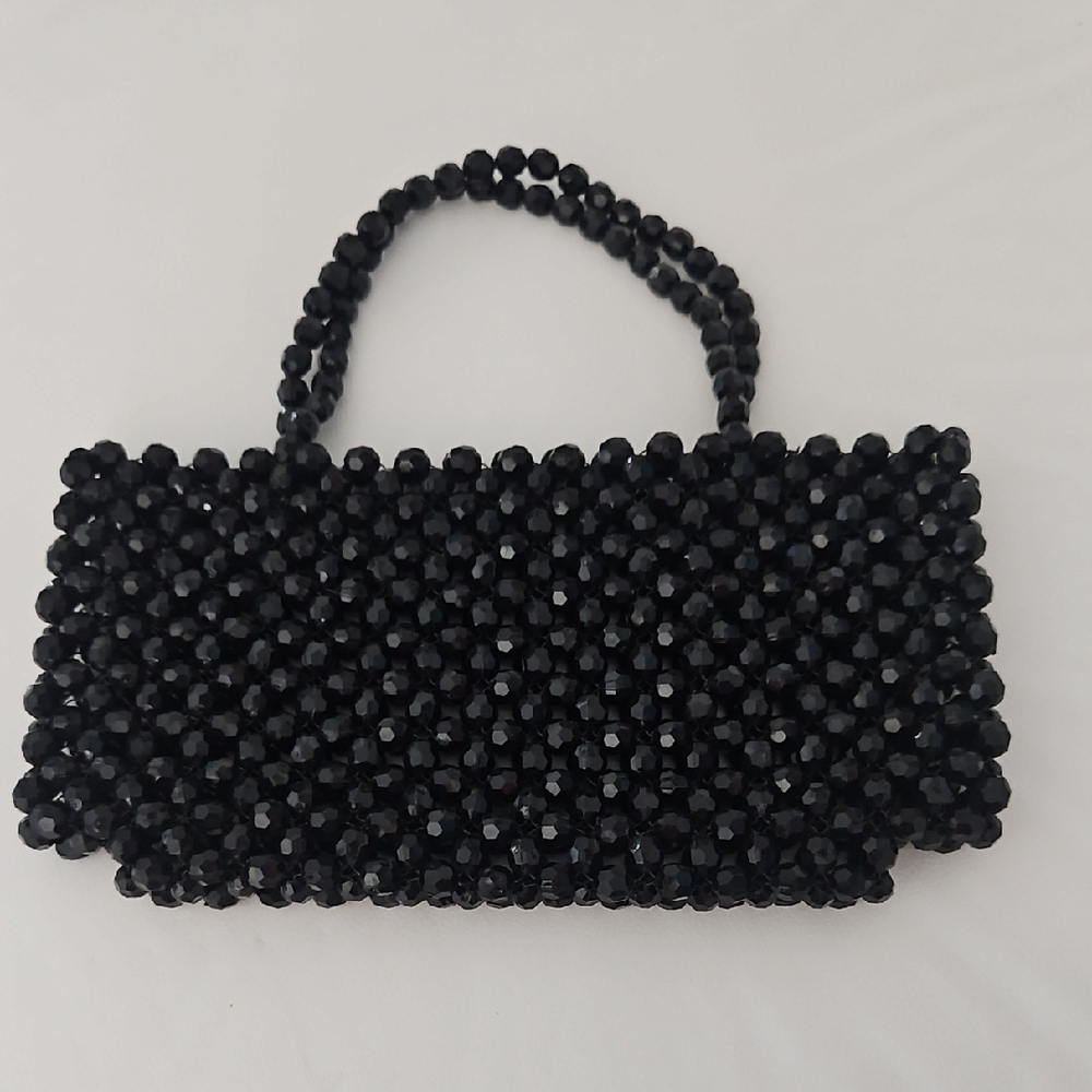 1960's Vintage Top Handle Black Handbag With Faceted Plastic Beads